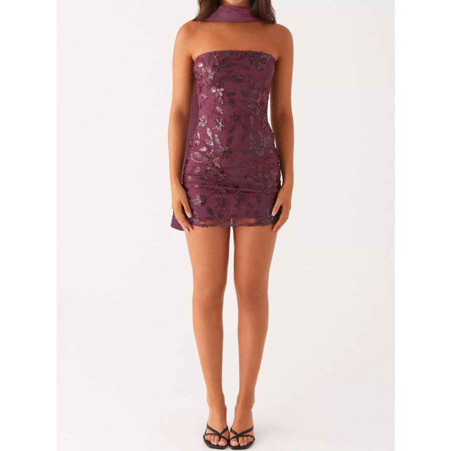Floral Textured Strapless Mini Dress Burgundy-Neck Warmer Style / S Apparel and Accessories
