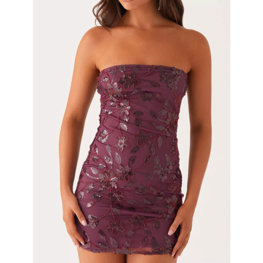 Floral Textured Strapless Mini Dress Burgundy / S Apparel and Accessories