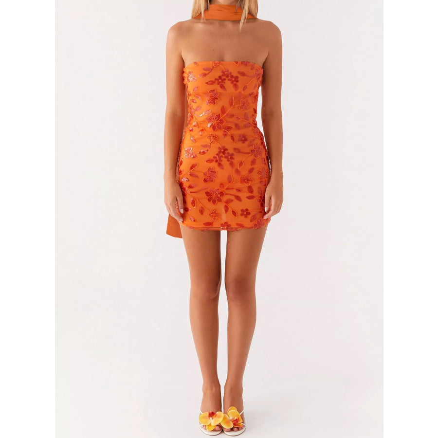Floral Textured Strapless Mini Dress Orange-Neck Warmer Style / S Apparel and Accessories