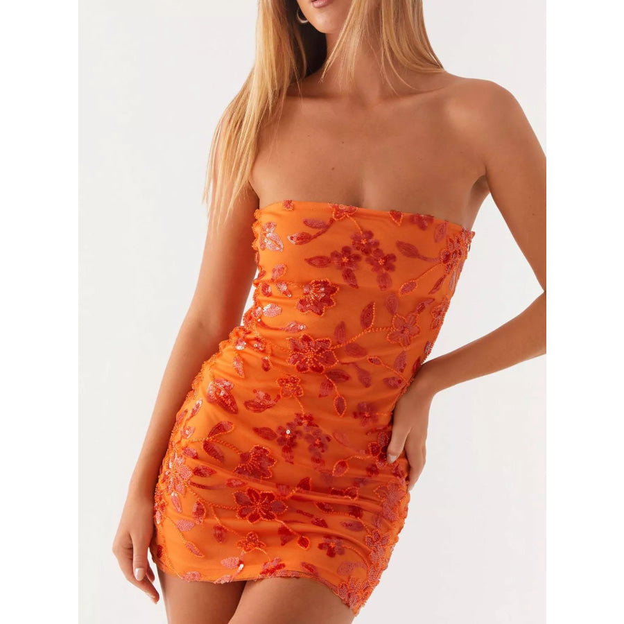 Floral Textured Strapless Mini Dress Orange / S Apparel and Accessories