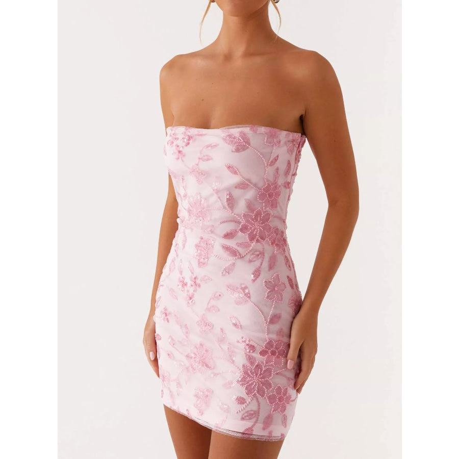 Floral Textured Strapless Mini Dress Pink / S Apparel and Accessories