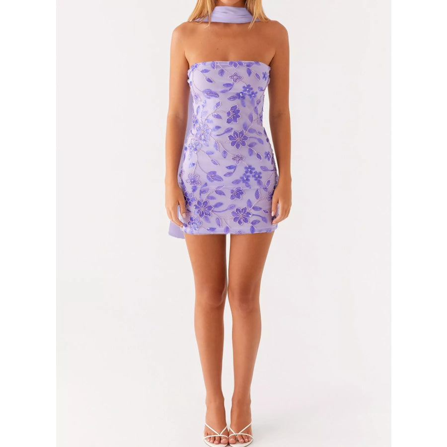 Floral Textured Strapless Mini Dress Purple-Neck Warmer Style / S Apparel and Accessories