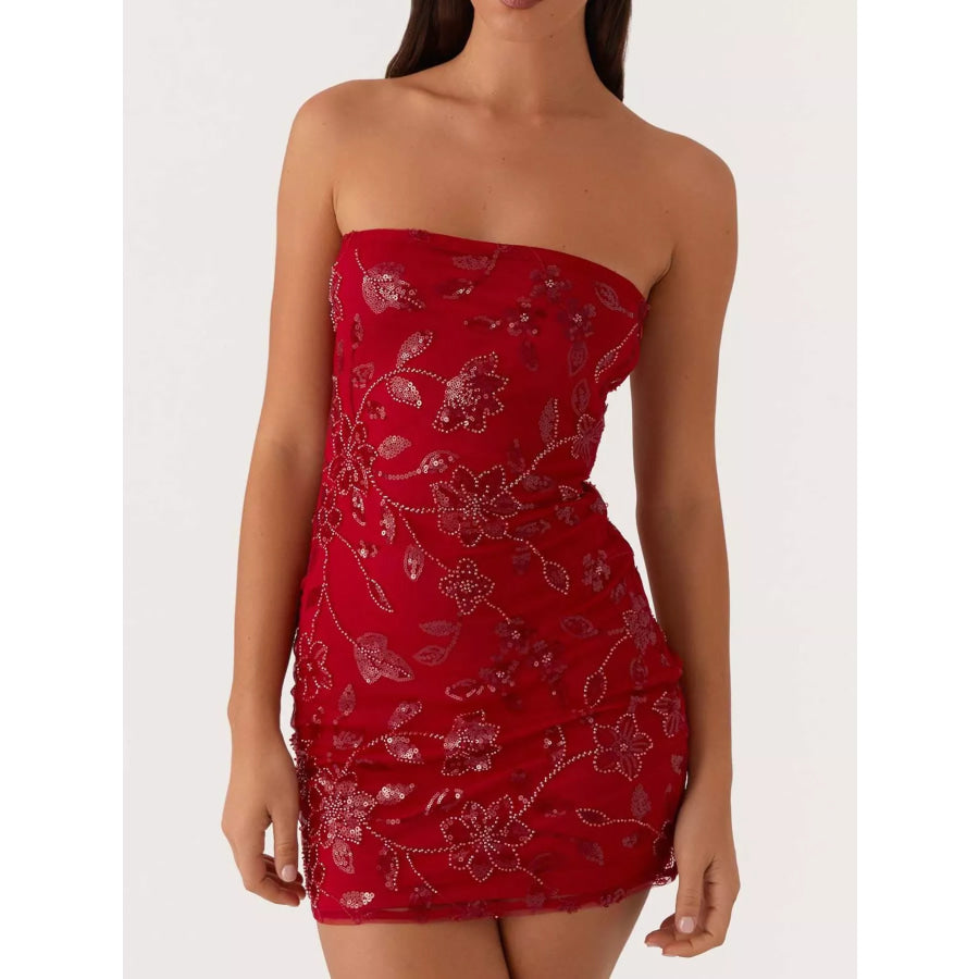 Floral Textured Strapless Mini Dress Red / S Apparel and Accessories