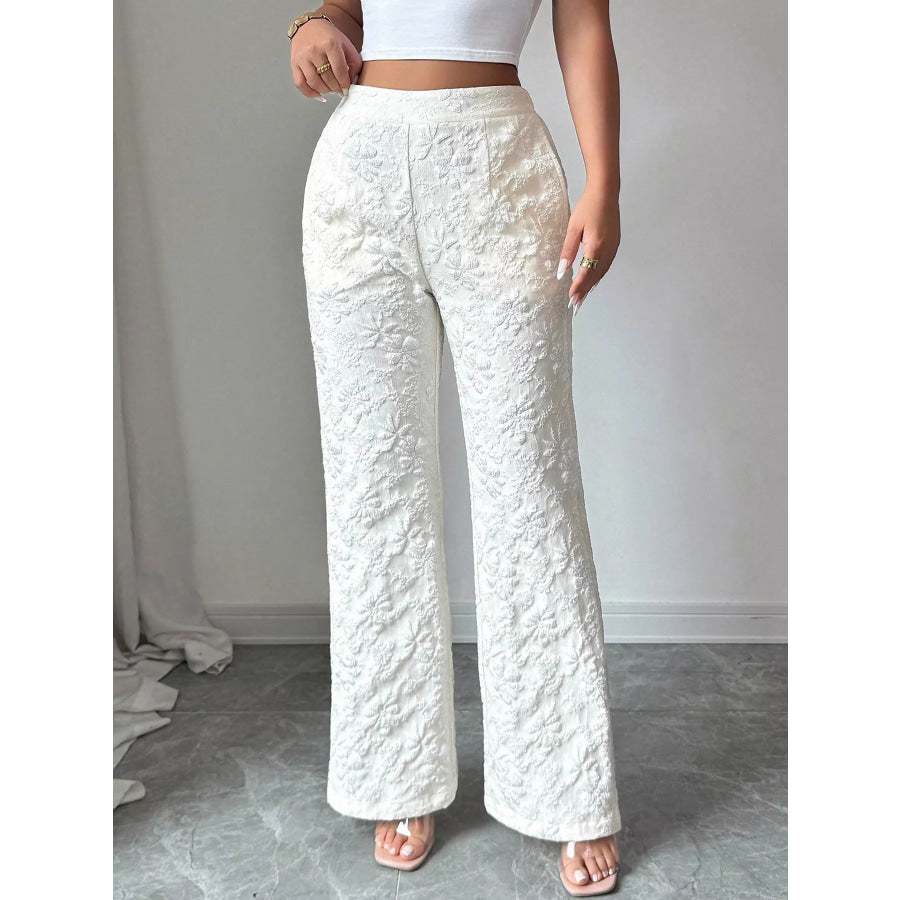 Floral Textured Wide-Leg Pants White / S Apparel and Accessories