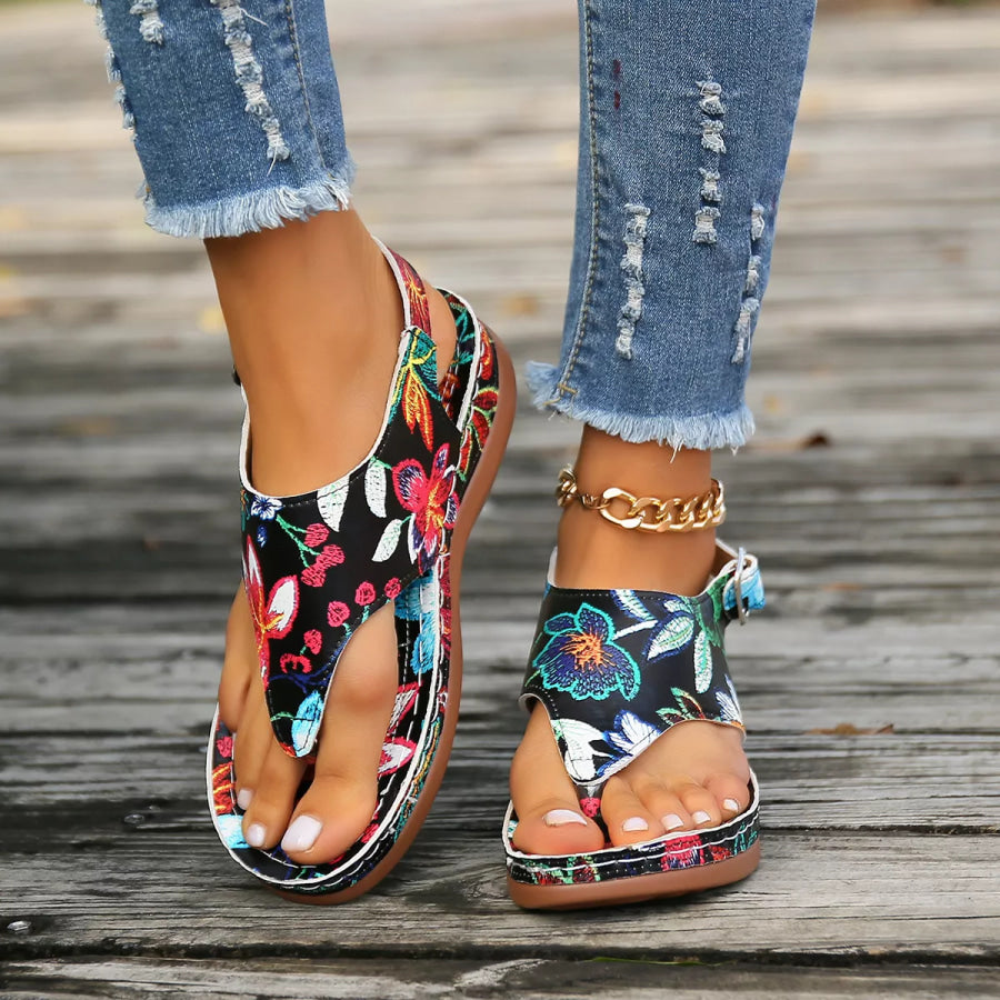 Floral Thong Wedge Sandals Black Flower / 36 Apparel and Accessories