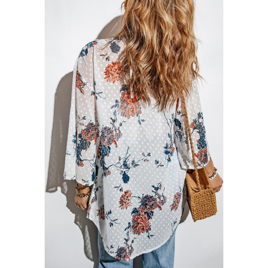 Floral Three-Quarter Sleeve Open Front Cardigan