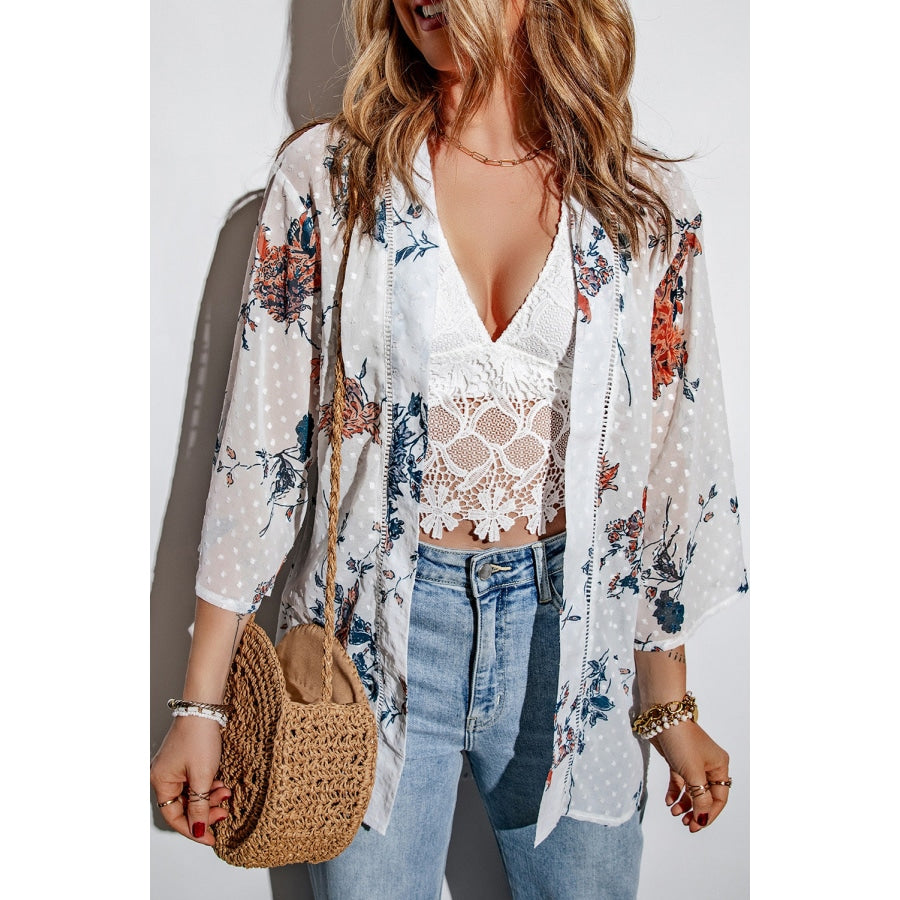 Floral Three-Quarter Sleeve Open Front Cardigan