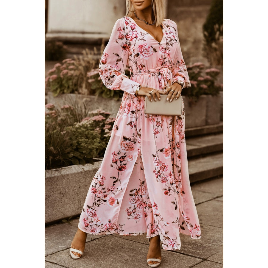 Floral Tie Belt Bishop Sleeve Slit Maxi Dress Floral / S