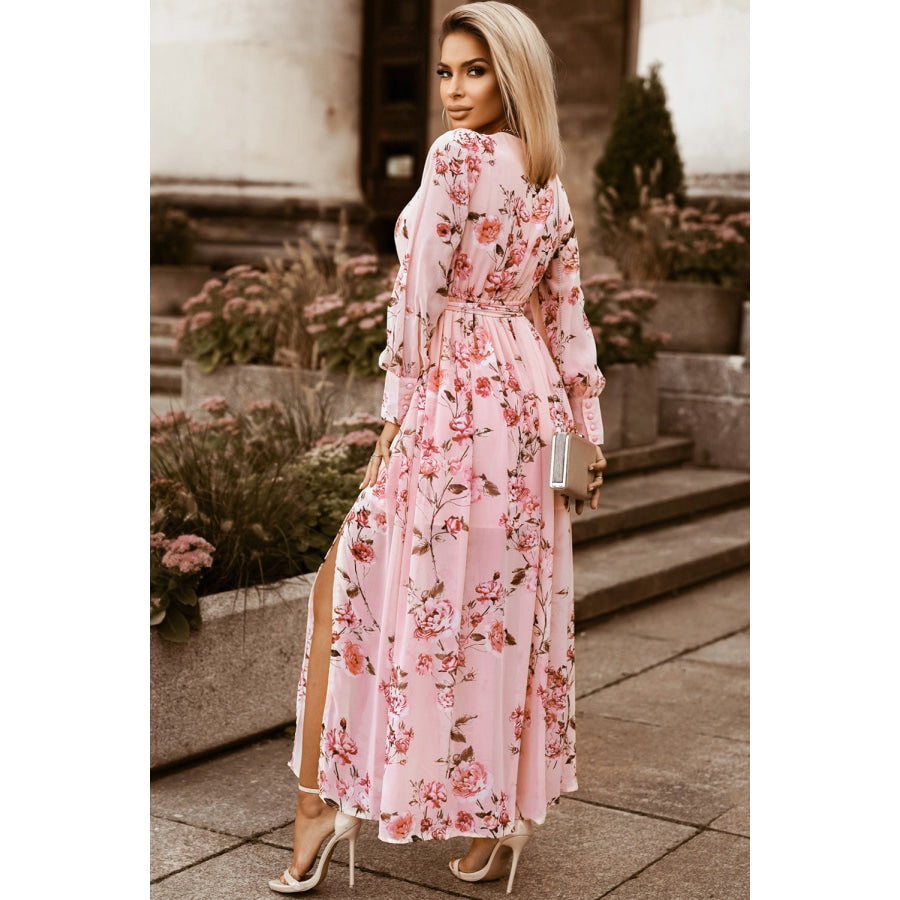 Floral Tie Belt Bishop Sleeve Slit Maxi Dress