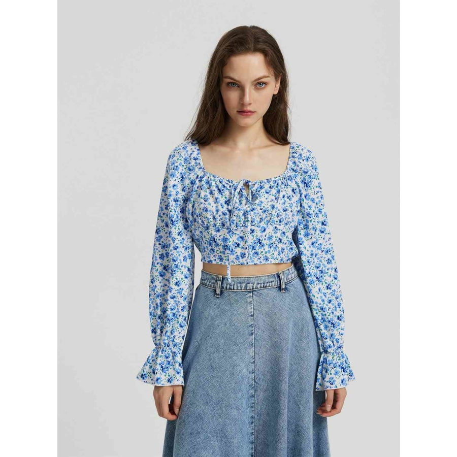 Floral Tie Front Square Neck Flounce Sleeve Blouse Sky Blue / S