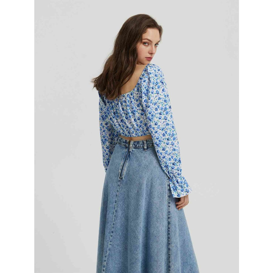 Floral Tie Front Square Neck Flounce Sleeve Blouse Sky Blue / S