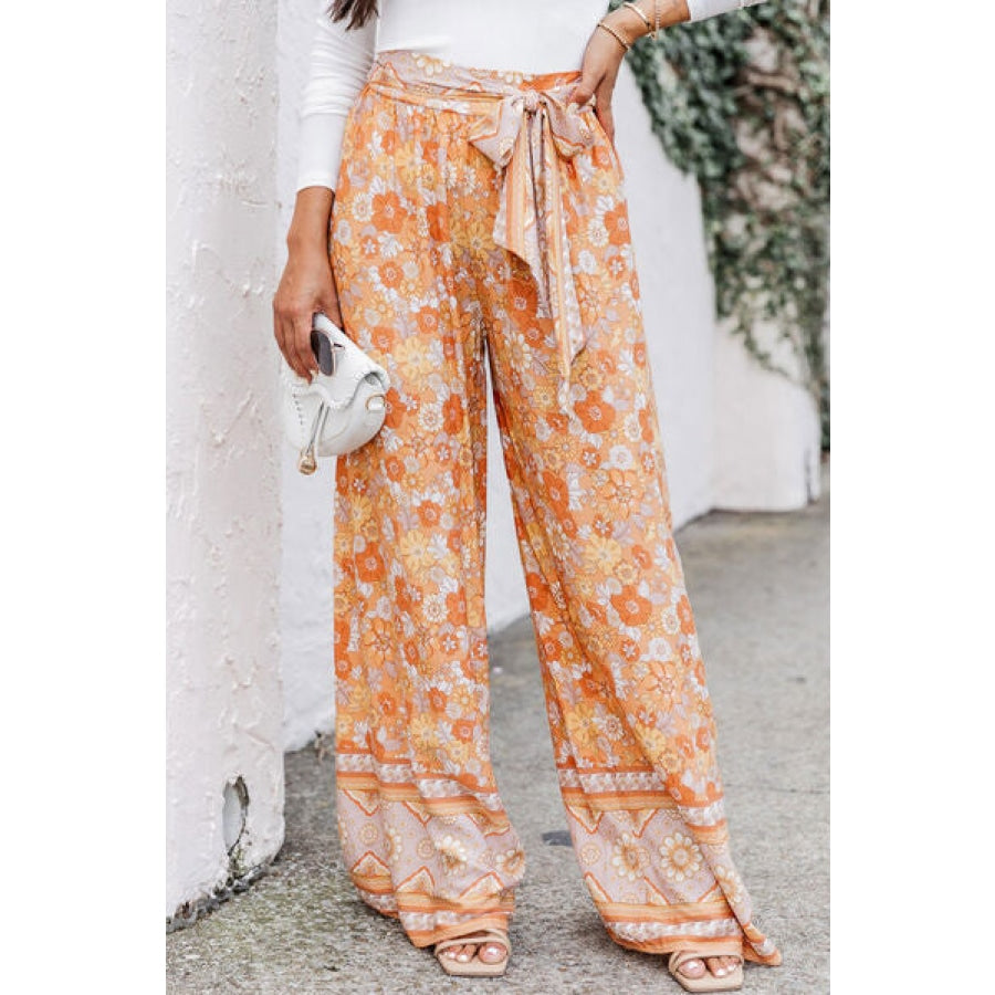 Floral Tie Front Wide Leg Pants Sherbet / S Clothing