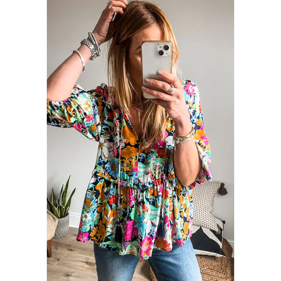 Floral Tie Neck Balloon Sleeve Blouse Floral / S Apparel and Accessories