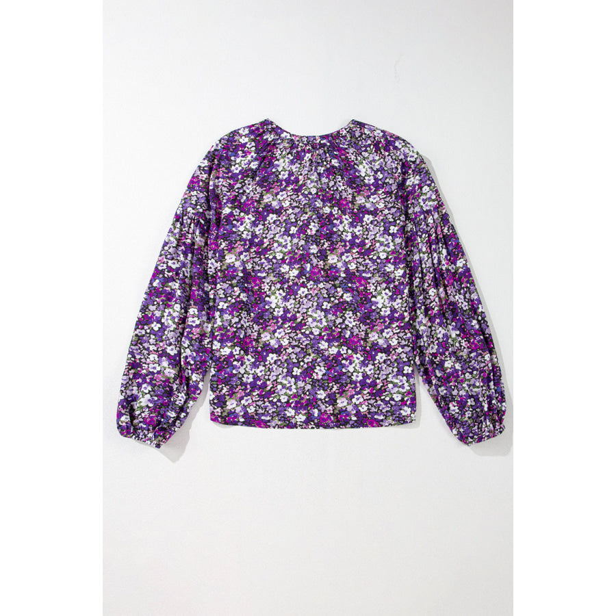 Floral Tie Neck Balloon Sleeve Blouse Apparel and Accessories