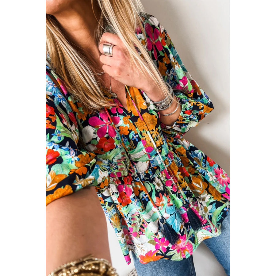 Floral Tie Neck Balloon Sleeve Blouse Apparel and Accessories