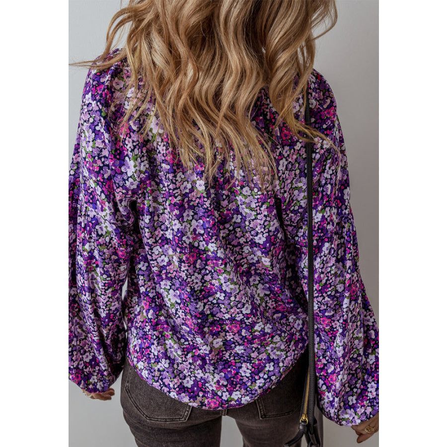 Floral Tie Neck Balloon Sleeve Blouse Apparel and Accessories