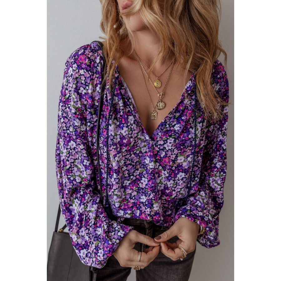 Floral Tie Neck Balloon Sleeve Blouse Purple / S Apparel and Accessories