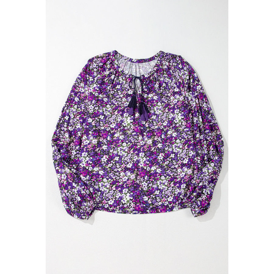 Floral Tie Neck Balloon Sleeve Blouse Apparel and Accessories