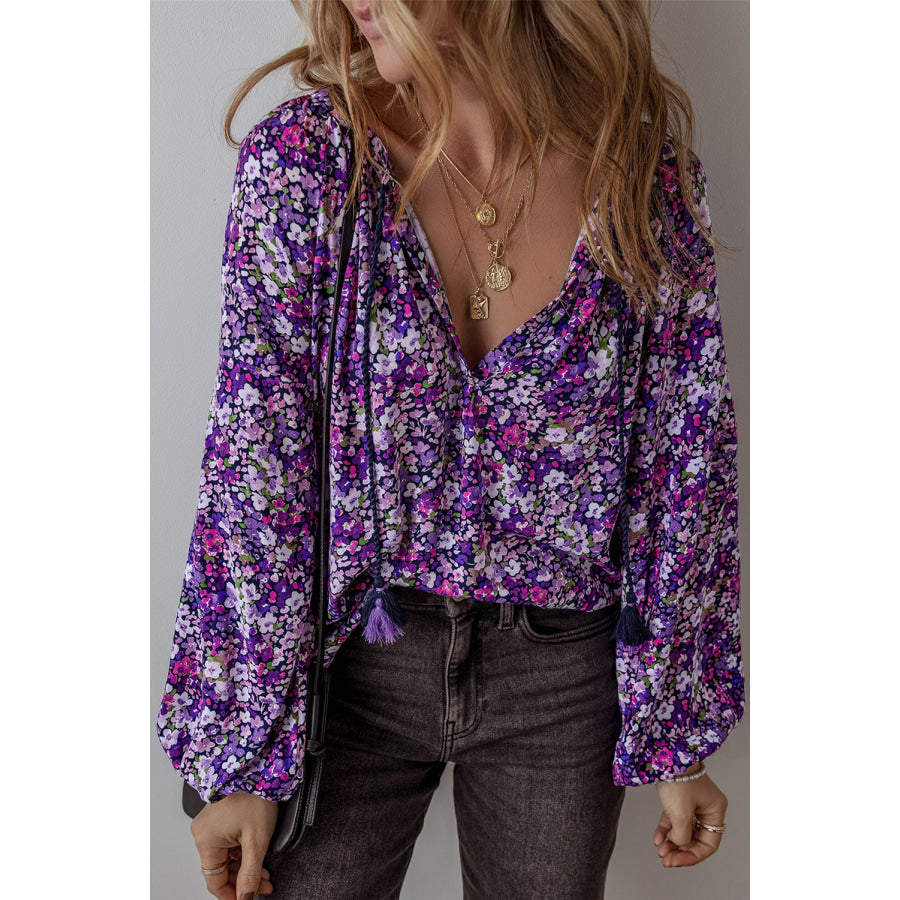 Floral Tie Neck Balloon Sleeve Blouse Purple / S Apparel and Accessories