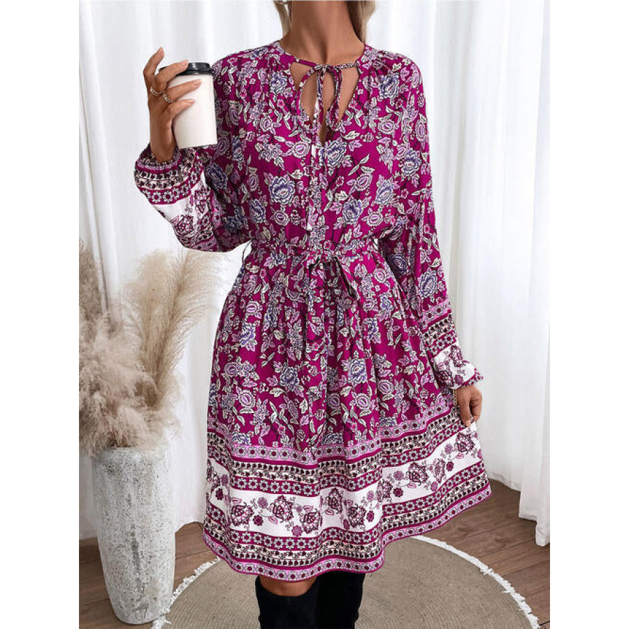 Floral Tie Neck Balloon Sleeve Dress Lilac / S Shirts &amp; Tops