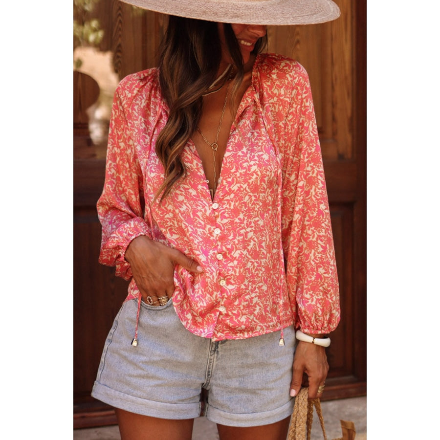 Floral Tie Neck Balloon Sleeve Shirt Strawberry / S