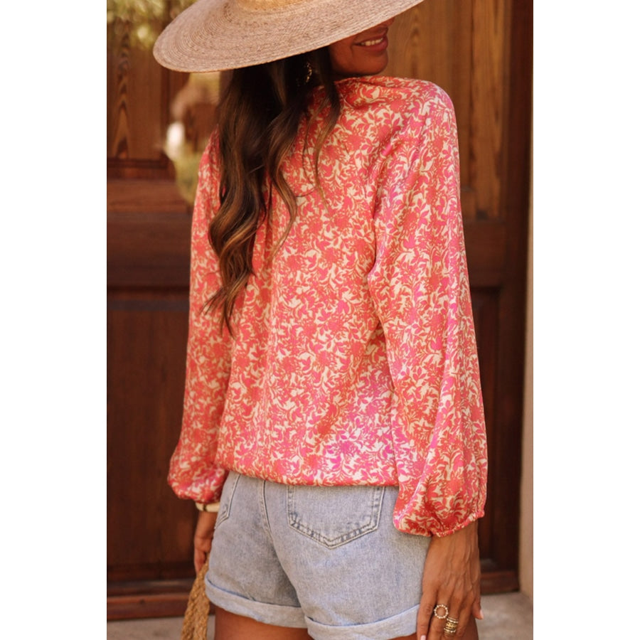 Floral Tie Neck Balloon Sleeve Shirt