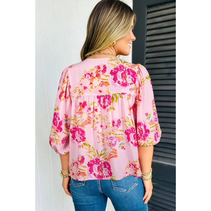 Floral Tie Neck Blouse Apparel and Accessories