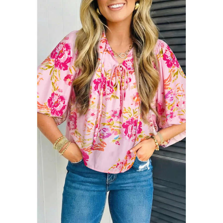 Floral Tie Neck Blouse Dusty Pink / S Apparel and Accessories