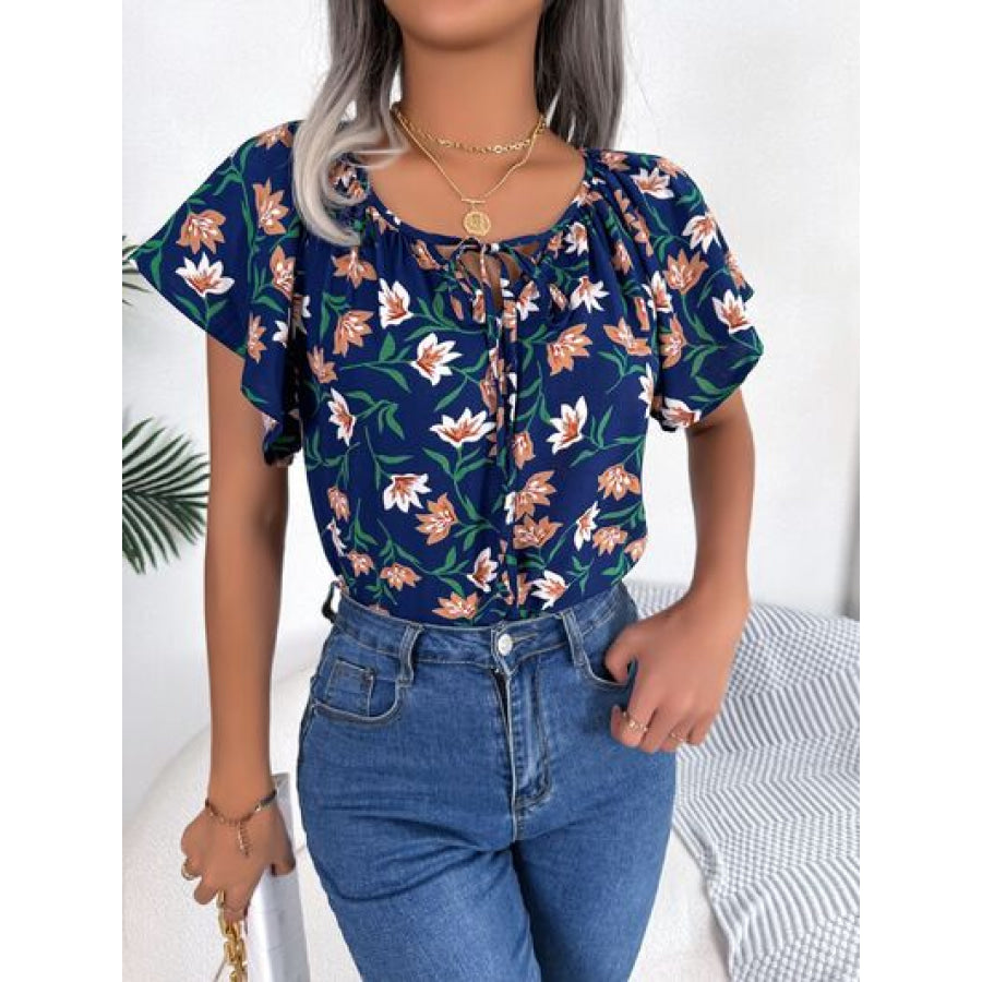 Floral Tie Neck Flutter Sleeve Blouse Apparel and Accessories