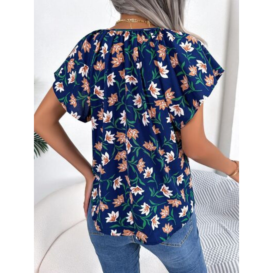 Floral Tie Neck Flutter Sleeve Blouse Apparel and Accessories