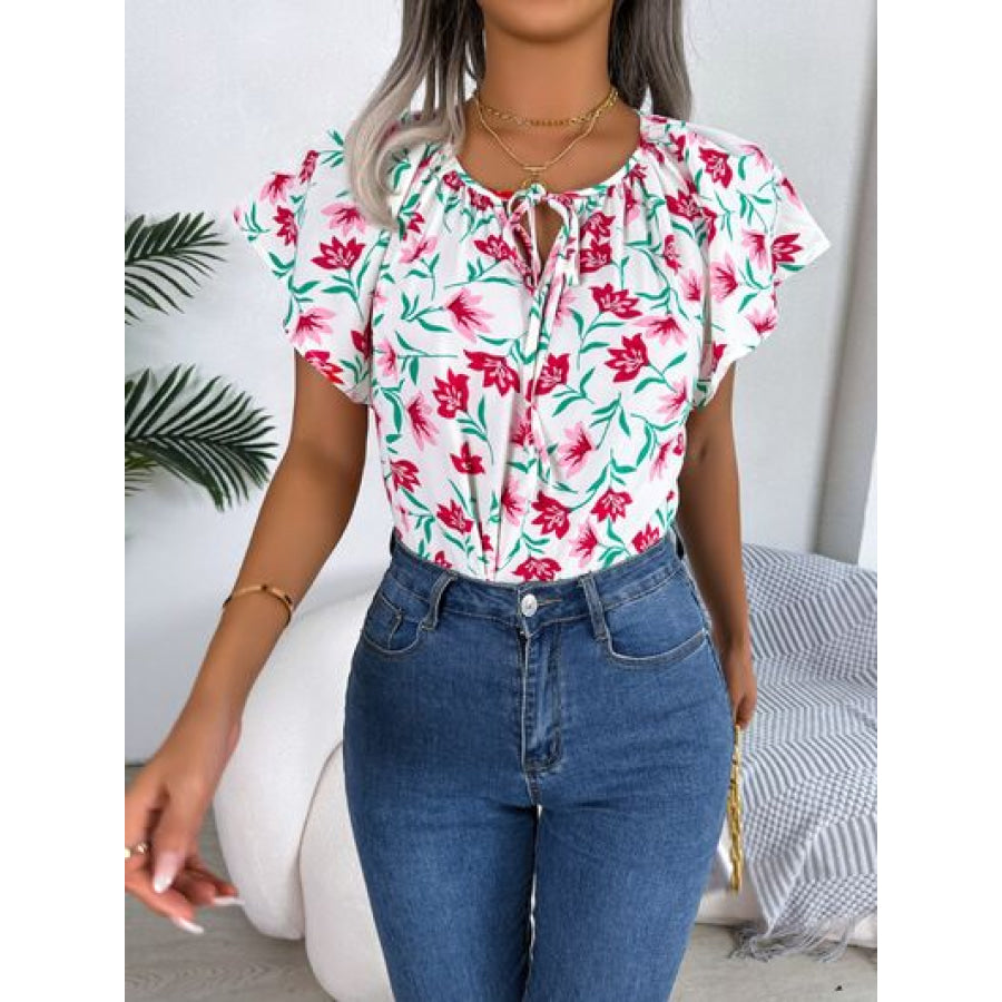 Floral Tie Neck Flutter Sleeve Blouse Apparel and Accessories