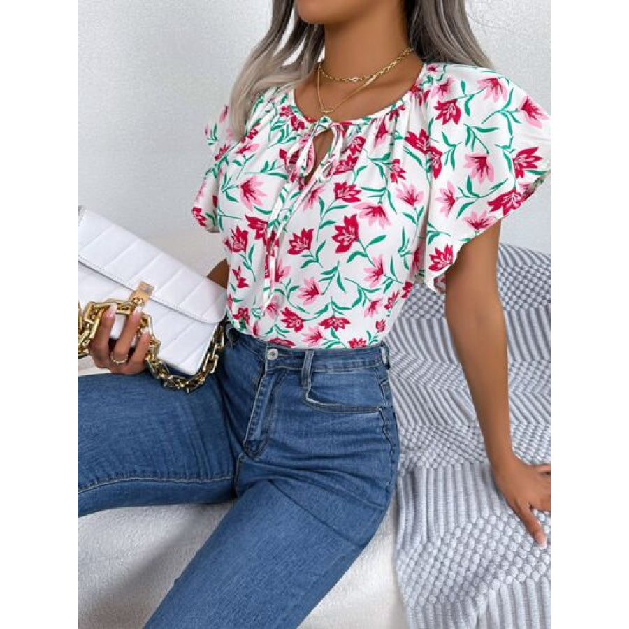 Floral Tie Neck Flutter Sleeve Blouse Apparel and Accessories