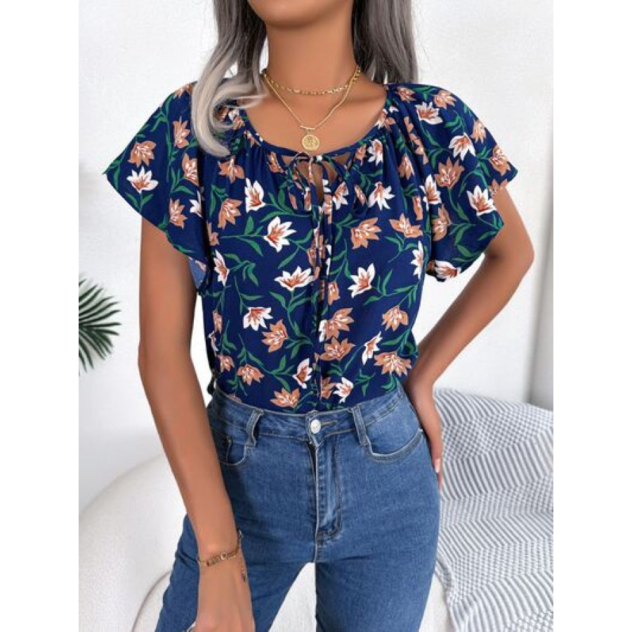 Floral Tie Neck Flutter Sleeve Blouse Apparel and Accessories