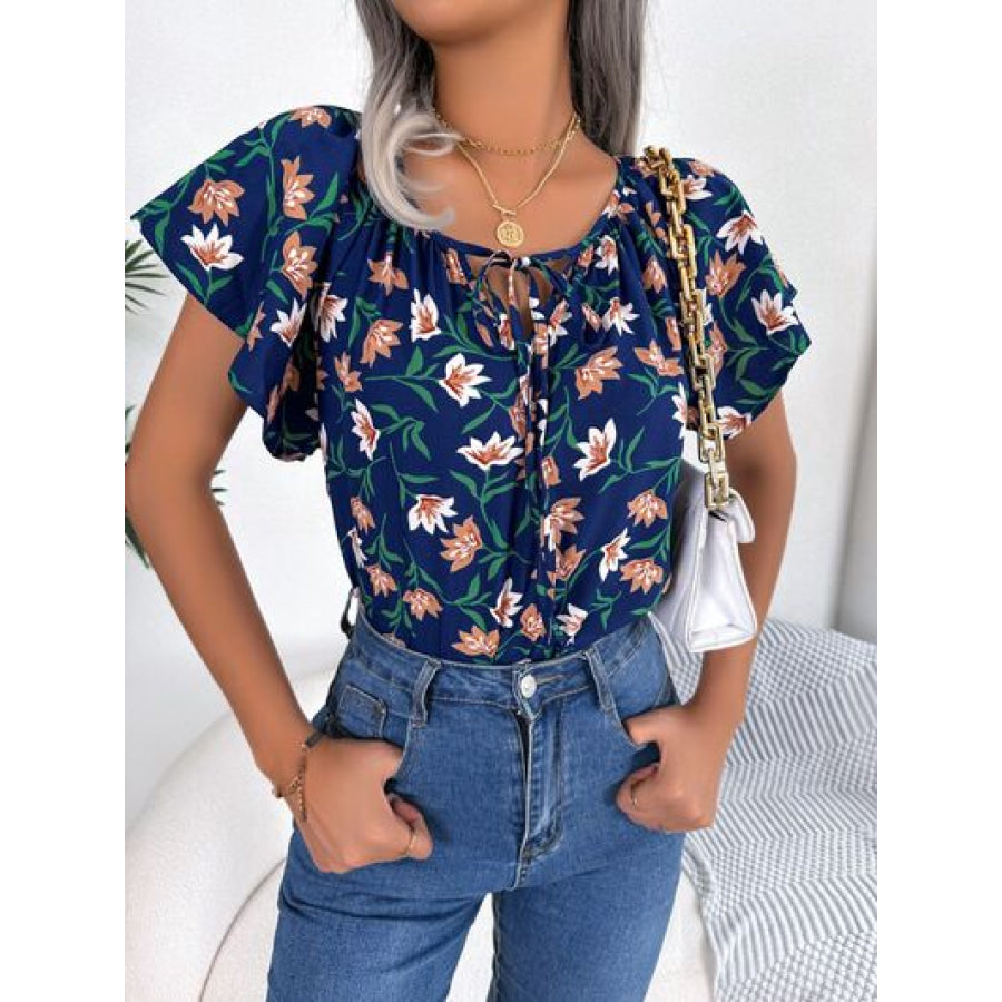 Floral Tie Neck Flutter Sleeve Blouse Apparel and Accessories