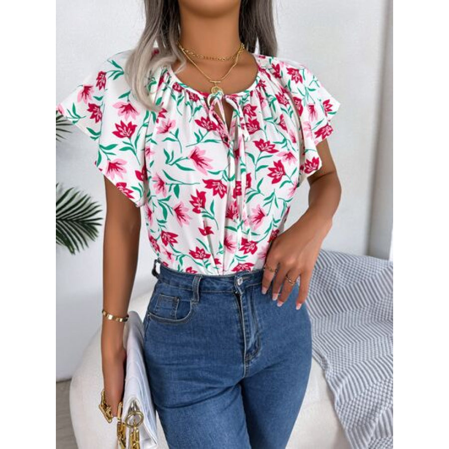 Floral Tie Neck Flutter Sleeve Blouse Apparel and Accessories