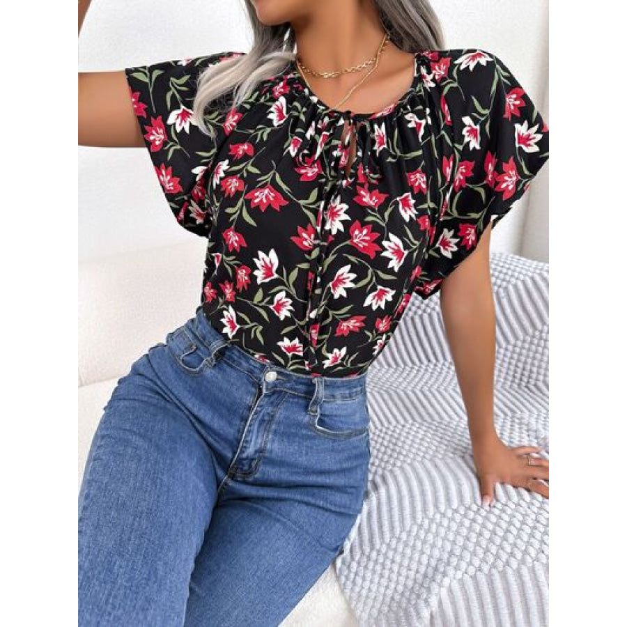 Floral Tie Neck Flutter Sleeve Blouse Apparel and Accessories