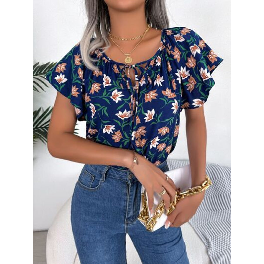 Floral Tie Neck Flutter Sleeve Blouse Apparel and Accessories