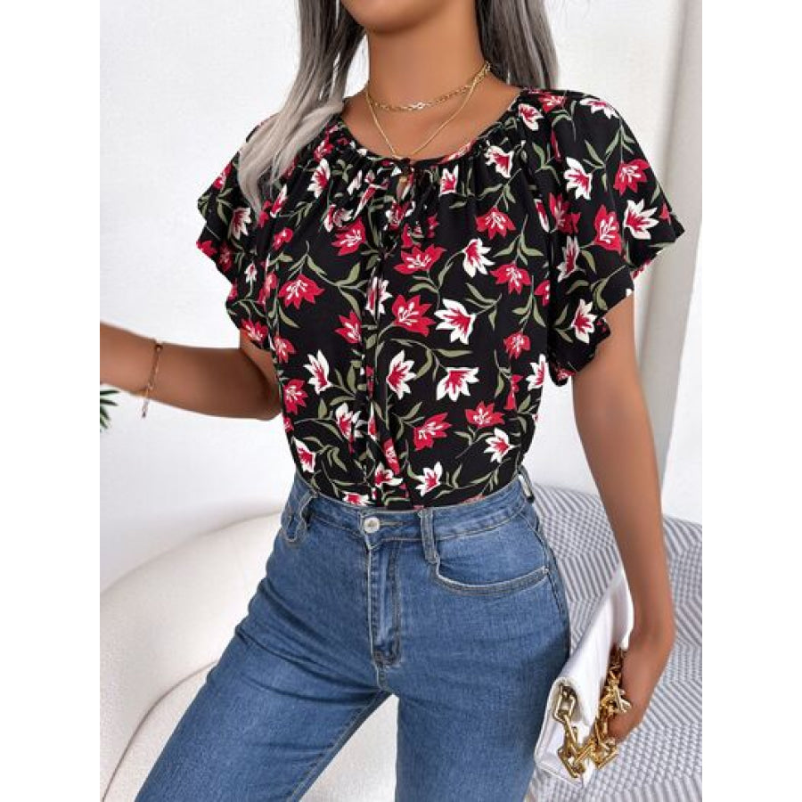 Floral Tie Neck Flutter Sleeve Blouse Apparel and Accessories