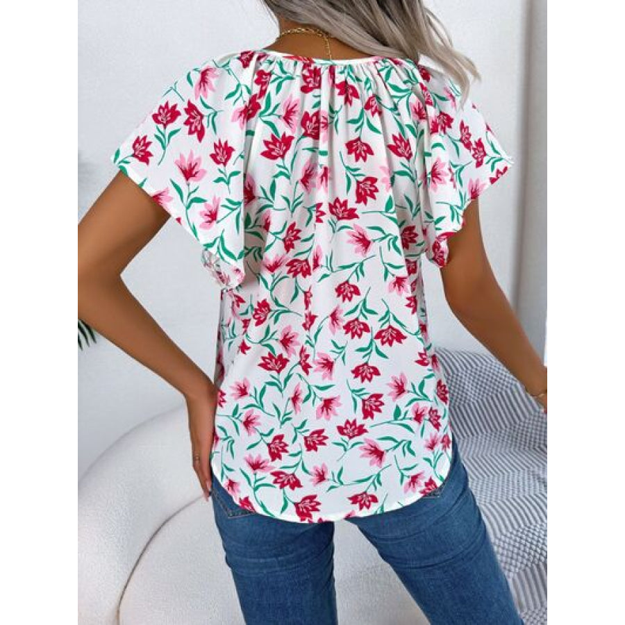 Floral Tie Neck Flutter Sleeve Blouse Apparel and Accessories