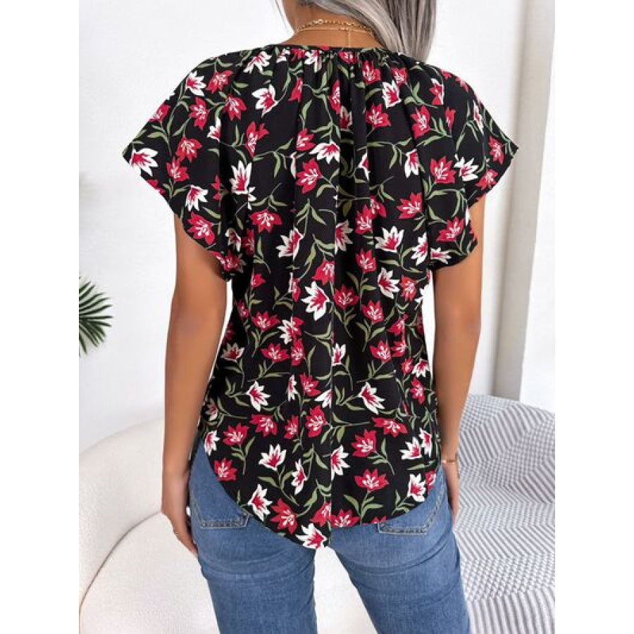 Floral Tie Neck Flutter Sleeve Blouse Apparel and Accessories