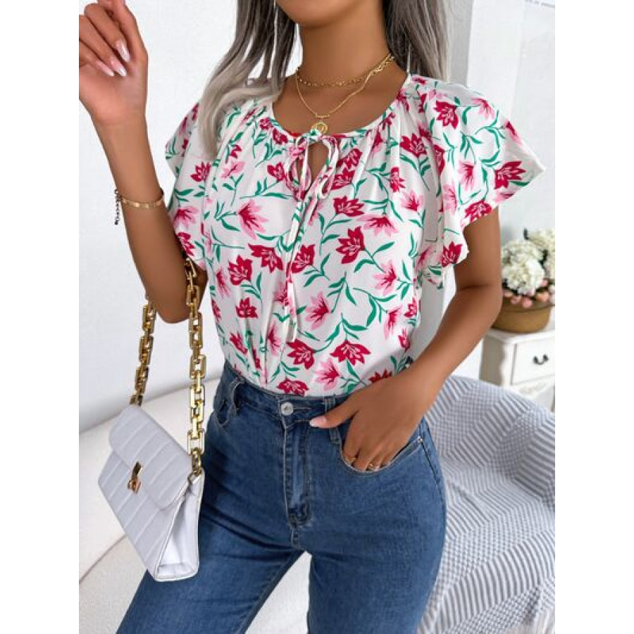 Floral Tie Neck Flutter Sleeve Blouse Apparel and Accessories