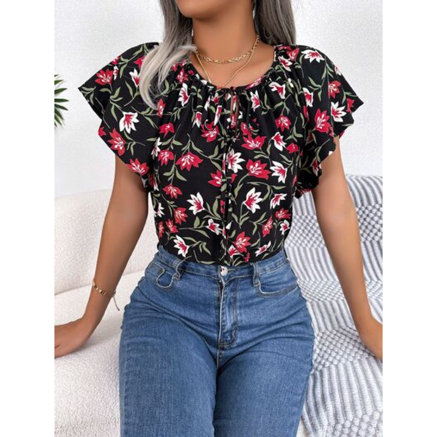 Floral Tie Neck Flutter Sleeve Blouse Apparel and Accessories