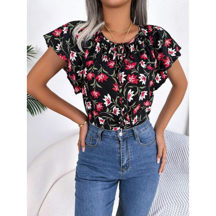 Floral Tie Neck Flutter Sleeve Blouse Apparel and Accessories