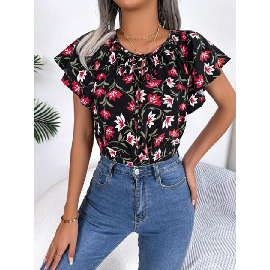 Floral Tie Neck Flutter Sleeve Blouse Black / S Apparel and Accessories