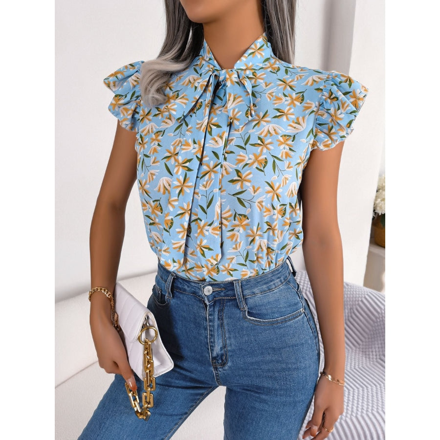 Floral Tie Neck Flutter Sleeve Blouse Misty Blue / S