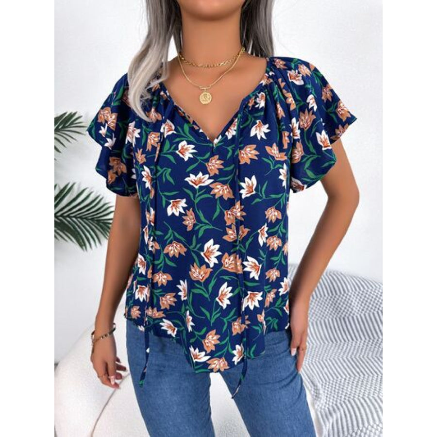 Floral Tie Neck Flutter Sleeve Blouse Navy / S Apparel and Accessories