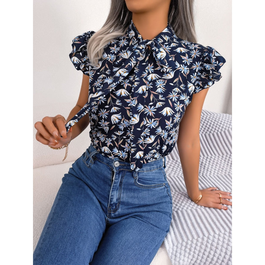 Floral Tie Neck Flutter Sleeve Blouse Navy / S