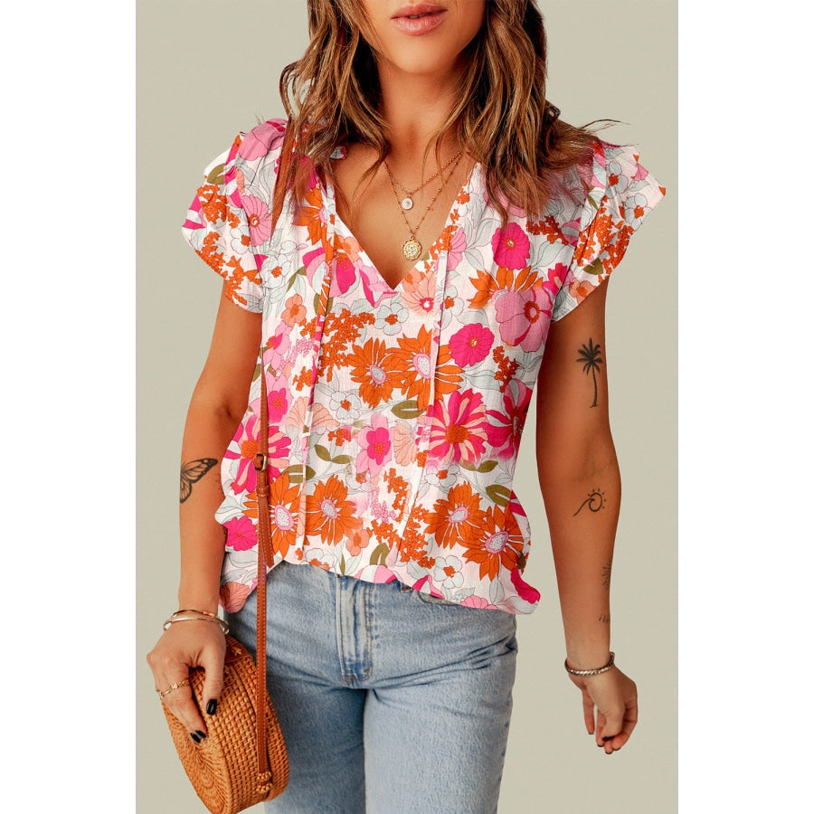 Floral Tie Neck Flutter Sleeve Blouse Floral / S