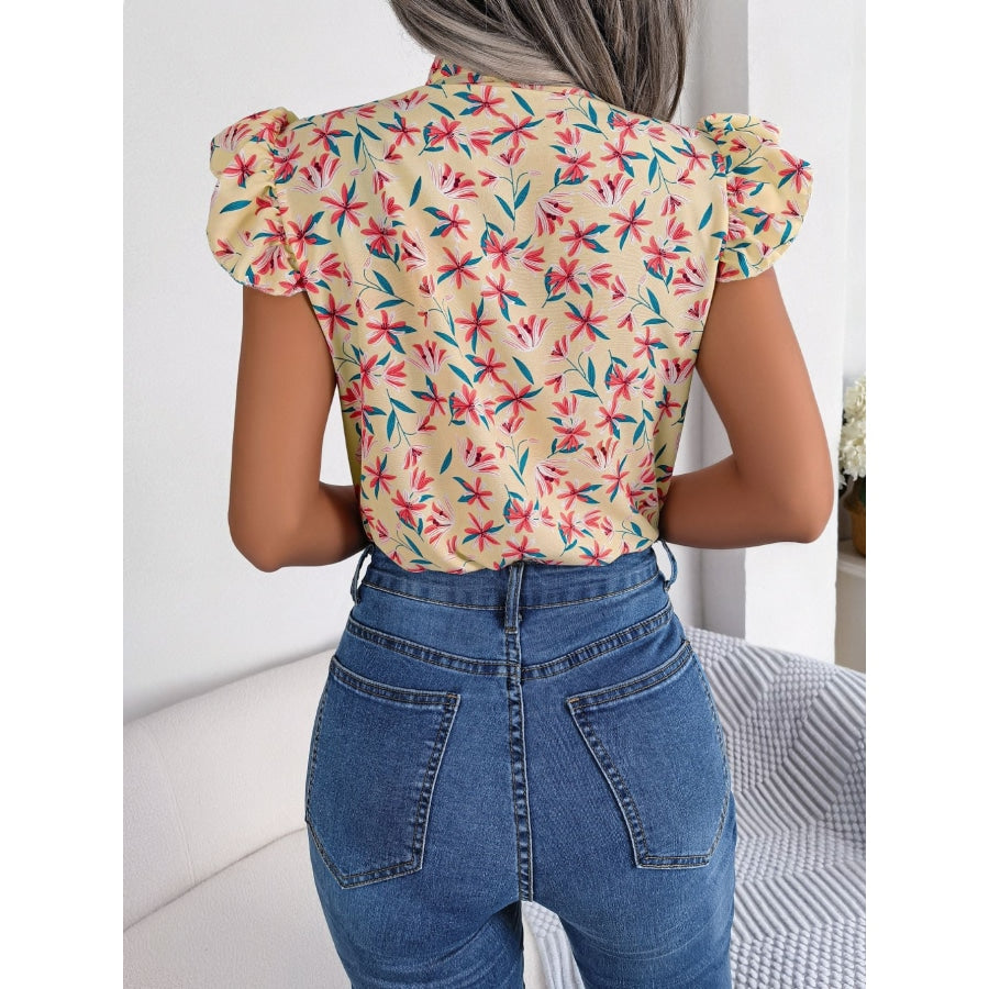 Floral Tie Neck Flutter Sleeve Blouse