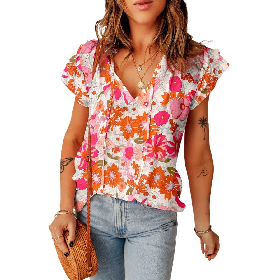 Floral Tie Neck Flutter Sleeve Blouse